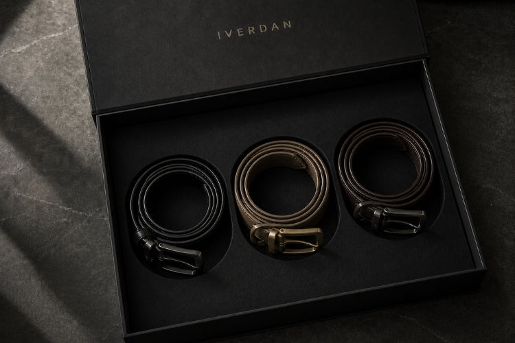 Three belts coiled in the IVERDAN box