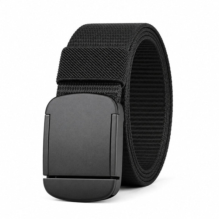 The Everyday Belt in black with a matte black flip-lock buckle