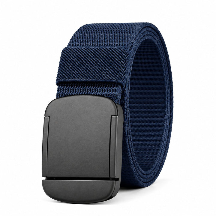 The Everyday Belt in navy, coiled, on a white background