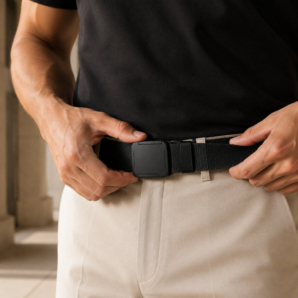 Man in a black t-shirt and cream trousers fastening The Everyday Belt