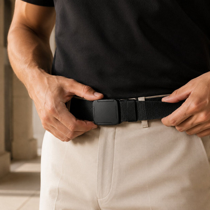 Man in a black t-shirt and cream trousers fastening The Everyday Belt
