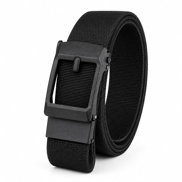 The Frame Belt in black elastic weave with a matte black metal frame buckle