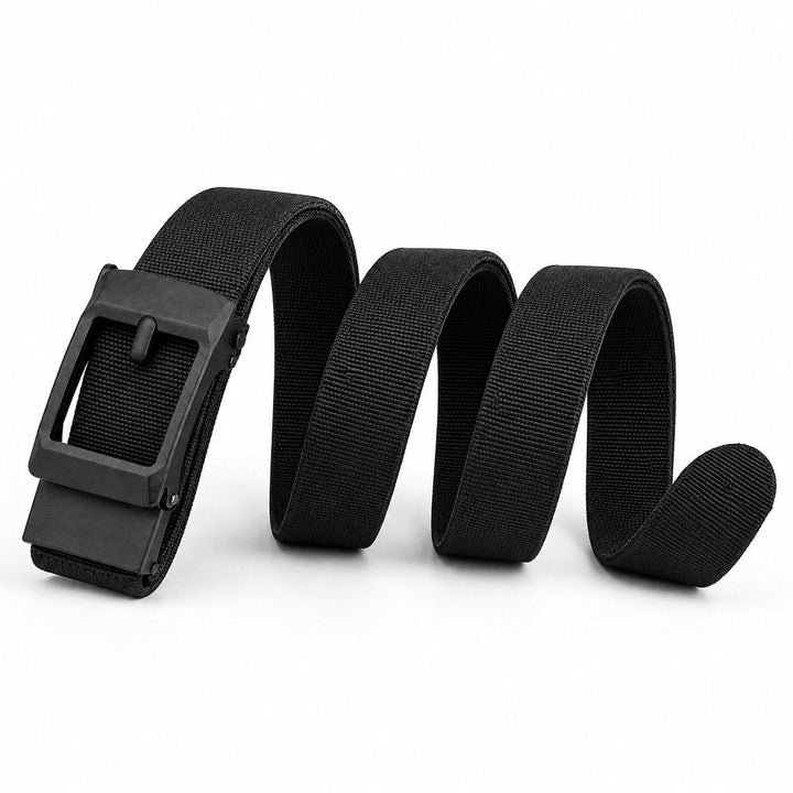 The Frame Belt in black loosely coiled, showing the elastic weave