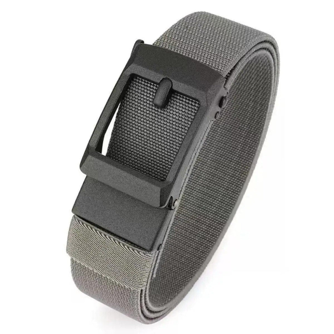 The Frame Belt in grey, coiled, on a white background
