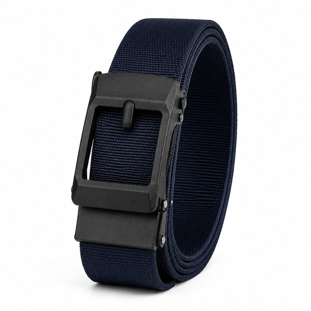 The Frame Belt in navy, coiled, on a white background