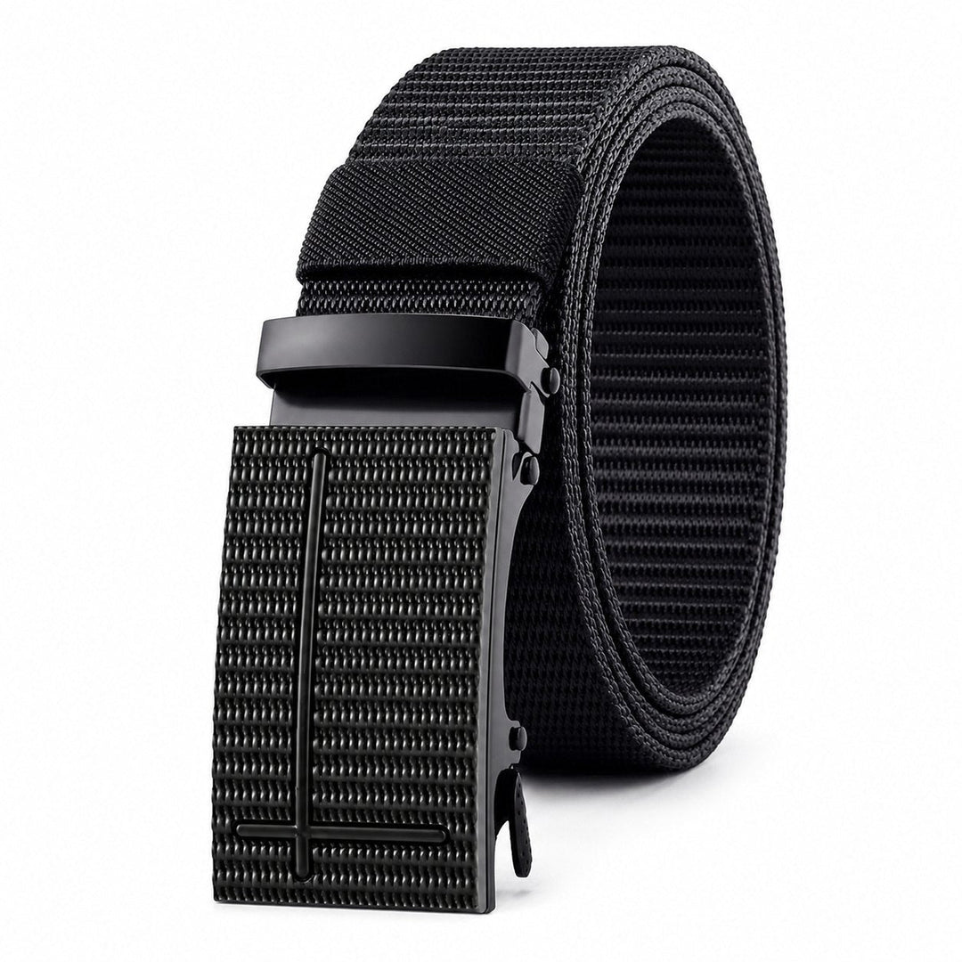 The Ratchet Belt in black woven nylon with a matte black ratchet buckle