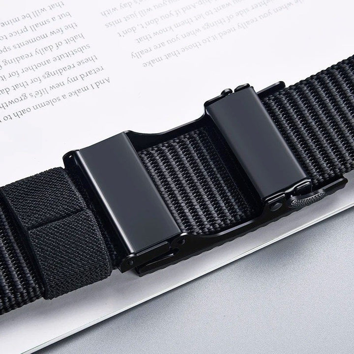 Close view of the ratchet buckle showing the track under the strap