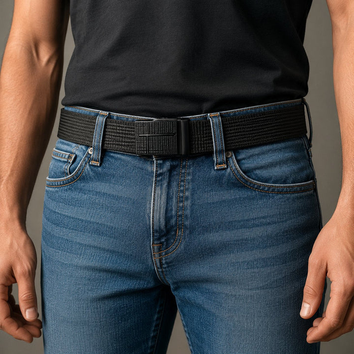 Man in jeans and a black t-shirt wearing The Ratchet Belt