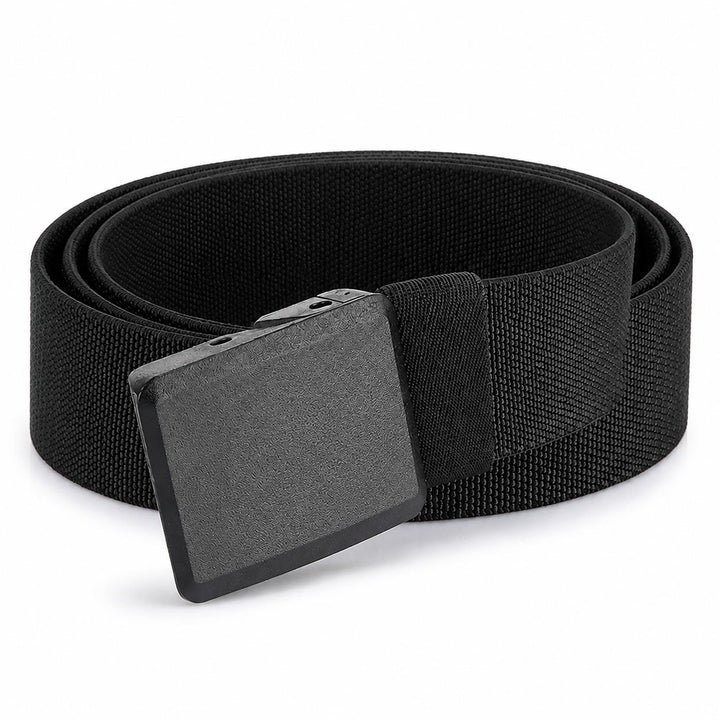 The Stretch Belt in black, coiled, with the grey quick-release buckle
