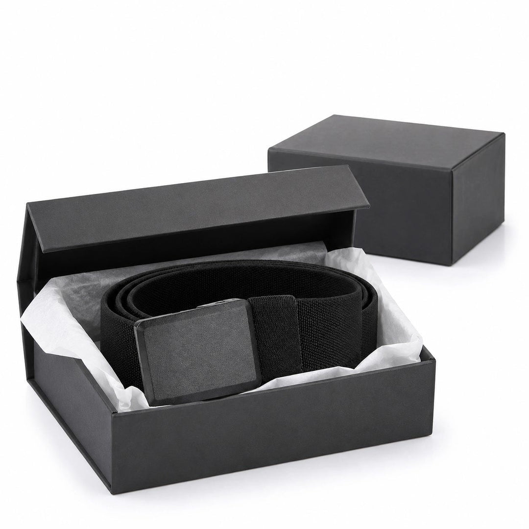 The Stretch Belt folded inside its black gift box