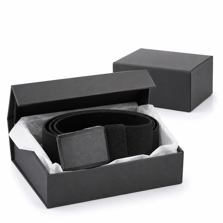 The Stretch Belt folded inside its black gift box