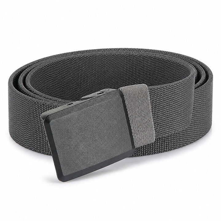 The Stretch Belt in grey, coiled, on a white background