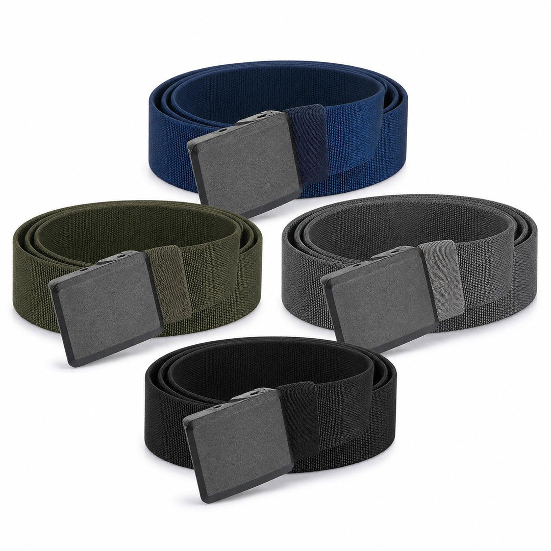 All four colours of The Stretch Belt together: navy, olive, grey and black