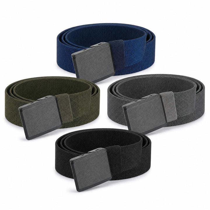 All four colours of The Stretch Belt together: navy, olive, grey and black