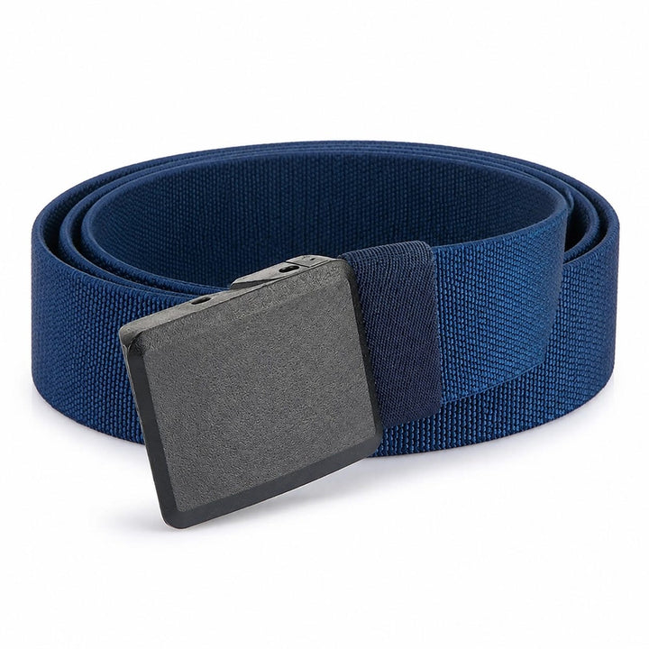 The Stretch Belt in navy, coiled, on a white background