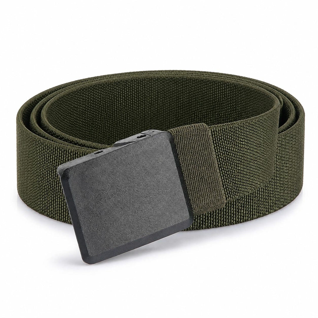 The Stretch Belt in olive, coiled, on a white background