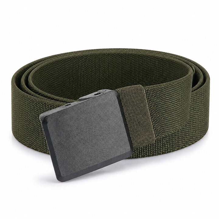The Stretch Belt in olive, coiled, on a white background