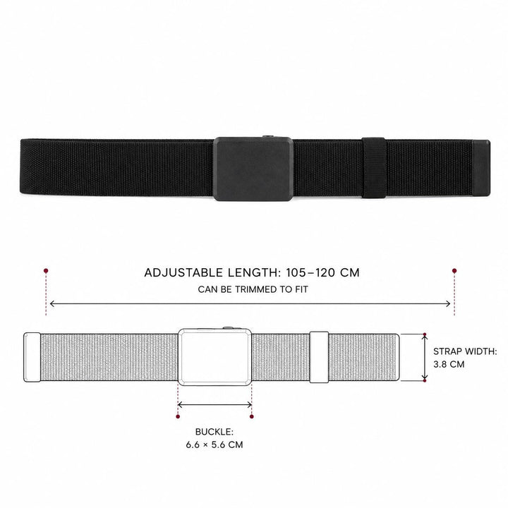 Size diagram for The Stretch Belt. Adjustable length 105 to 120 cm, can be trimmed to fit, strap width 3.8 cm, buckle 6.6 by 5.6 cm