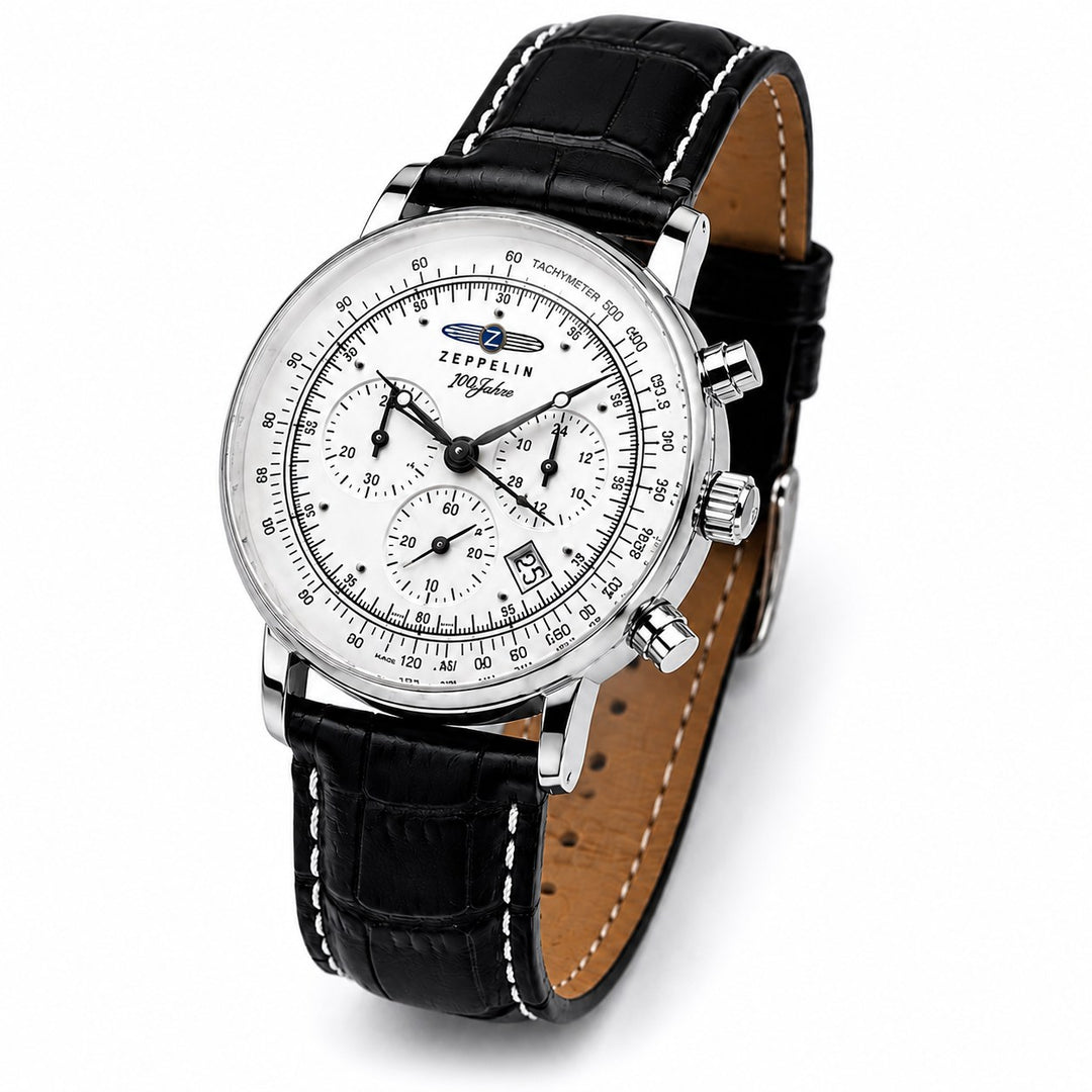 The Aviator Chronograph, steel case and white chronograph dial, on a white background