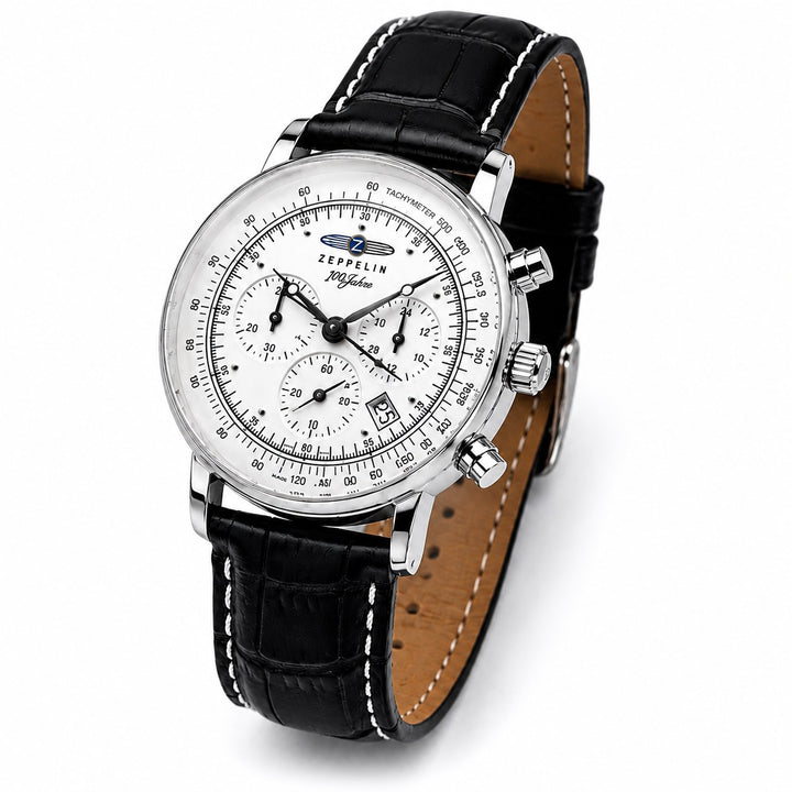 The Aviator Chronograph, steel case and white chronograph dial, on a white background