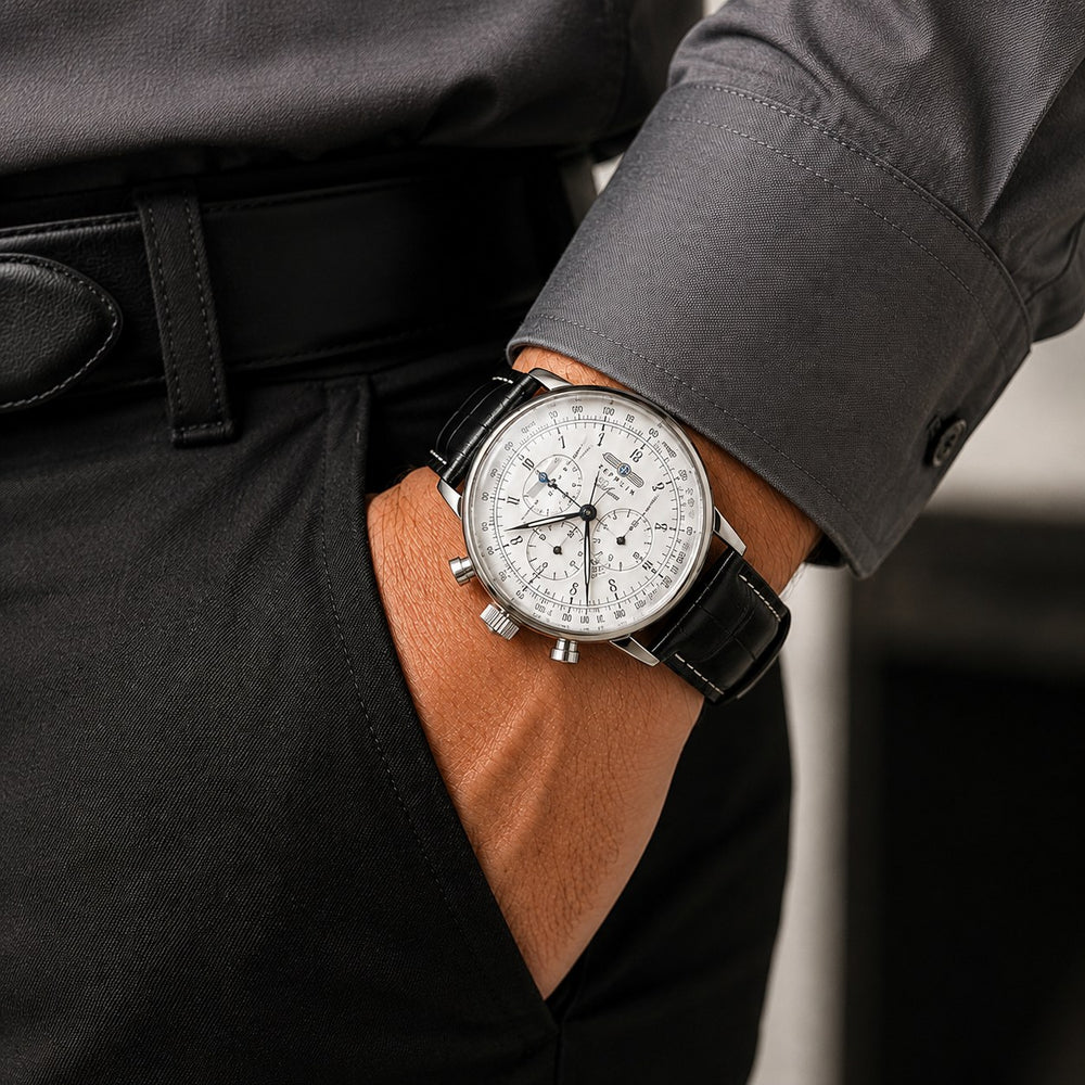 The Aviator Chronograph worn under a grey shirt cuff