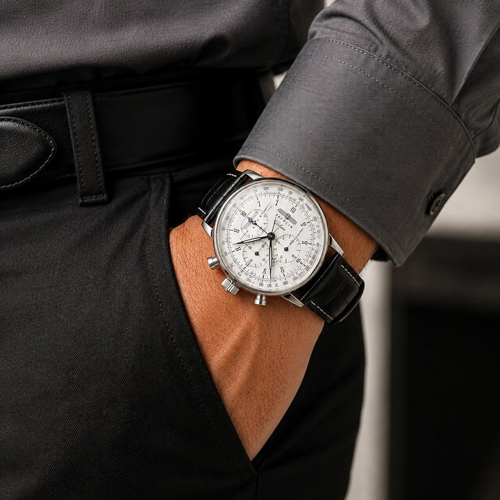 The Aviator Chronograph worn under a grey shirt cuff