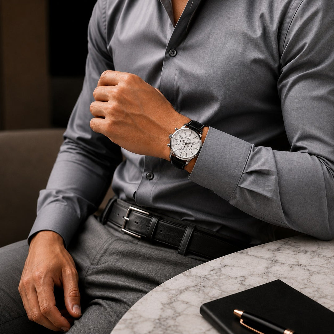 The Aviator Chronograph worn with a grey shirt and a black belt