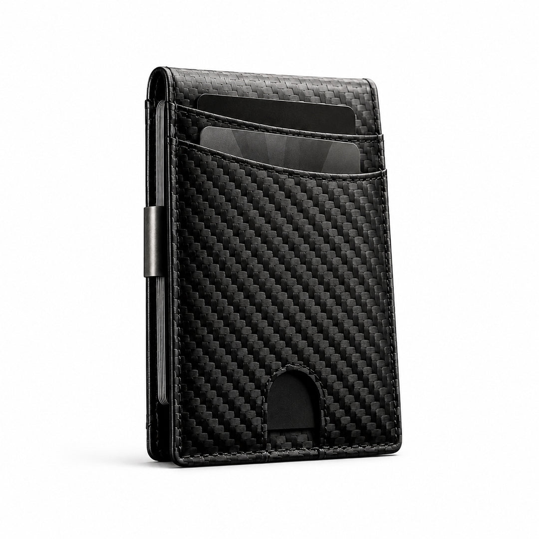 The Bifold wallet in carbon fibre texture, closed, on a white background
