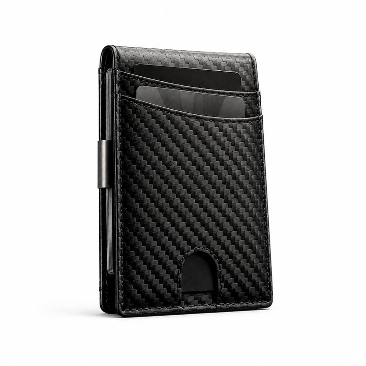 The Bifold wallet in carbon fibre texture, closed, on a white background