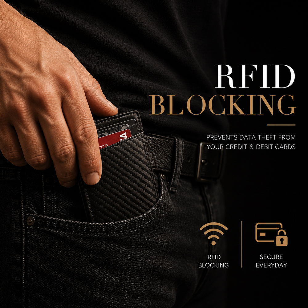 Hand sliding The Bifold into a back jeans pocket. Text on the image reads RFID blocking, prevents data theft from your credit and debit cards