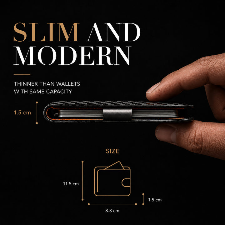 Size diagram for The Bifold. Text on the image reads slim and modern, thinner than wallets with same capacity, 11.5 by 8.3 by 1.5 cm