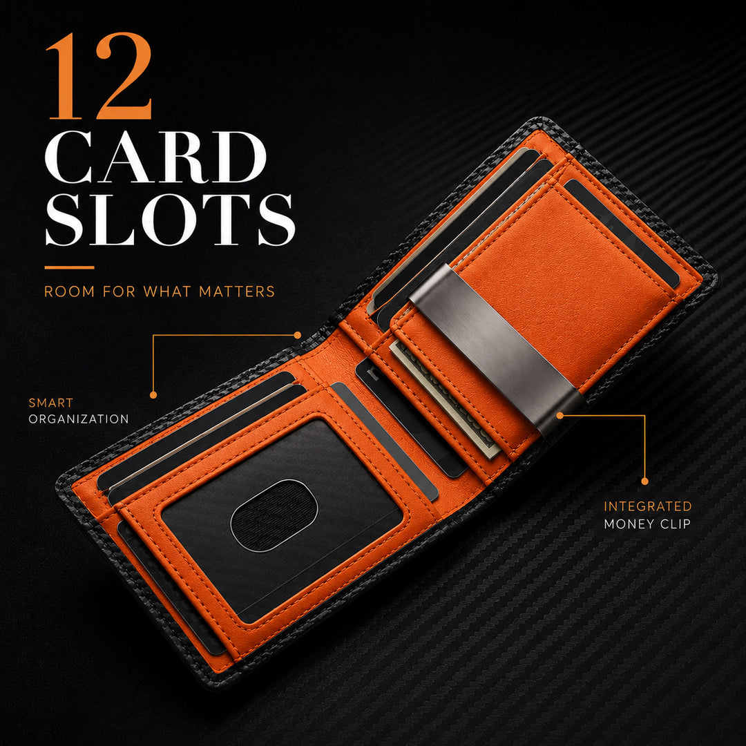 The Bifold open with an orange interior. Text on the image reads 12 card slots, smart organization, integrated money clip
