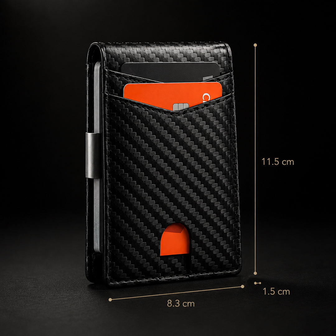 The Bifold shown with its measurements, 11.5 cm tall, 8.3 cm wide and 1.5 cm thick