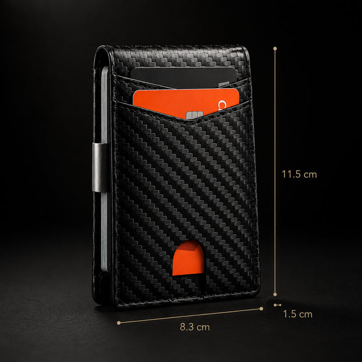 The Bifold shown with its measurements, 11.5 cm tall, 8.3 cm wide and 1.5 cm thick