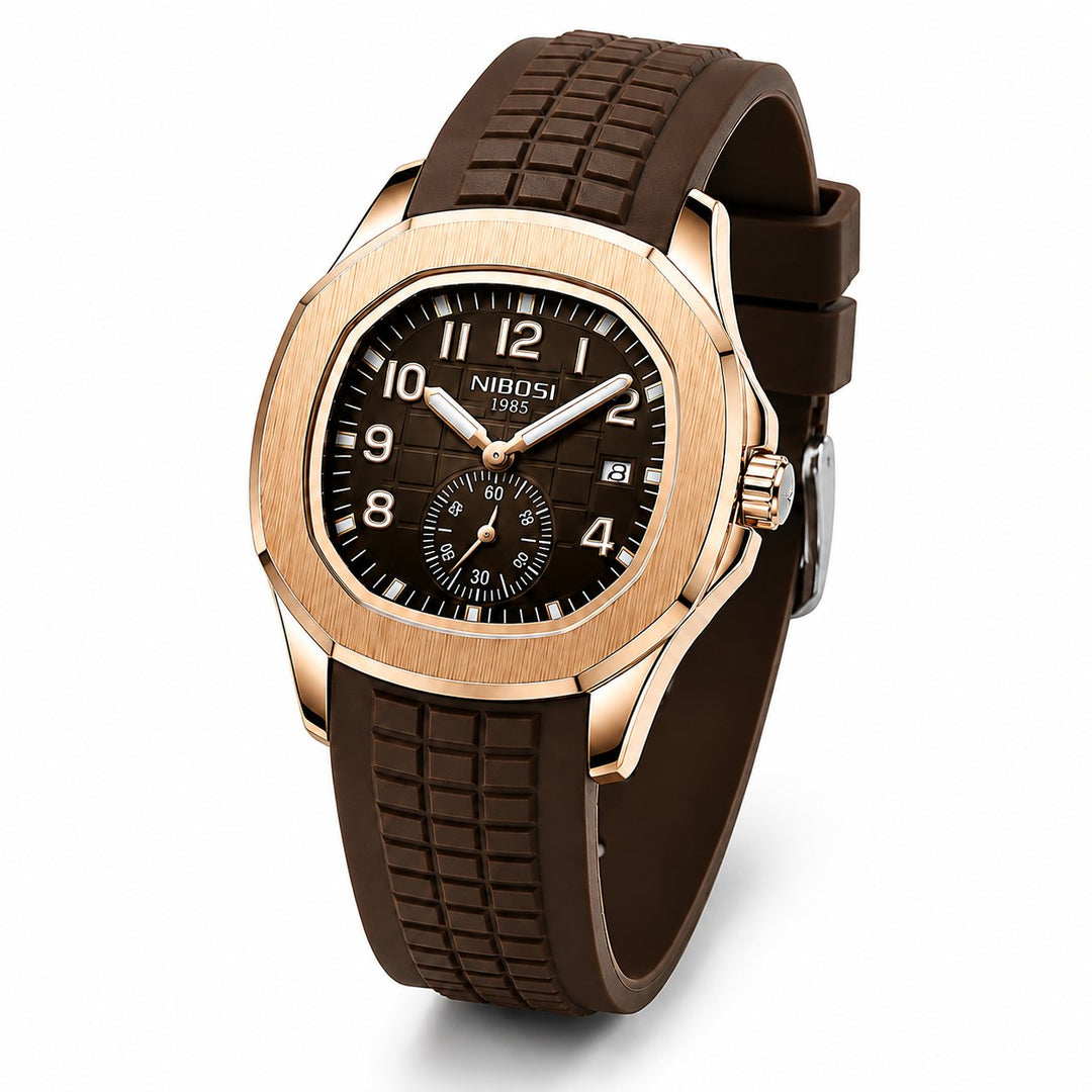 The Cushion Watch, rose gold case and brown dial on a brown rubber strap, on a white background