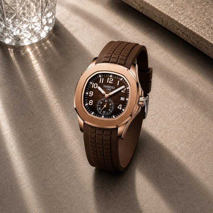 The Cushion Watch resting on a stone surface in daylight