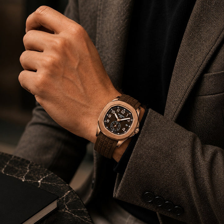 The Cushion Watch worn with a brown jacket