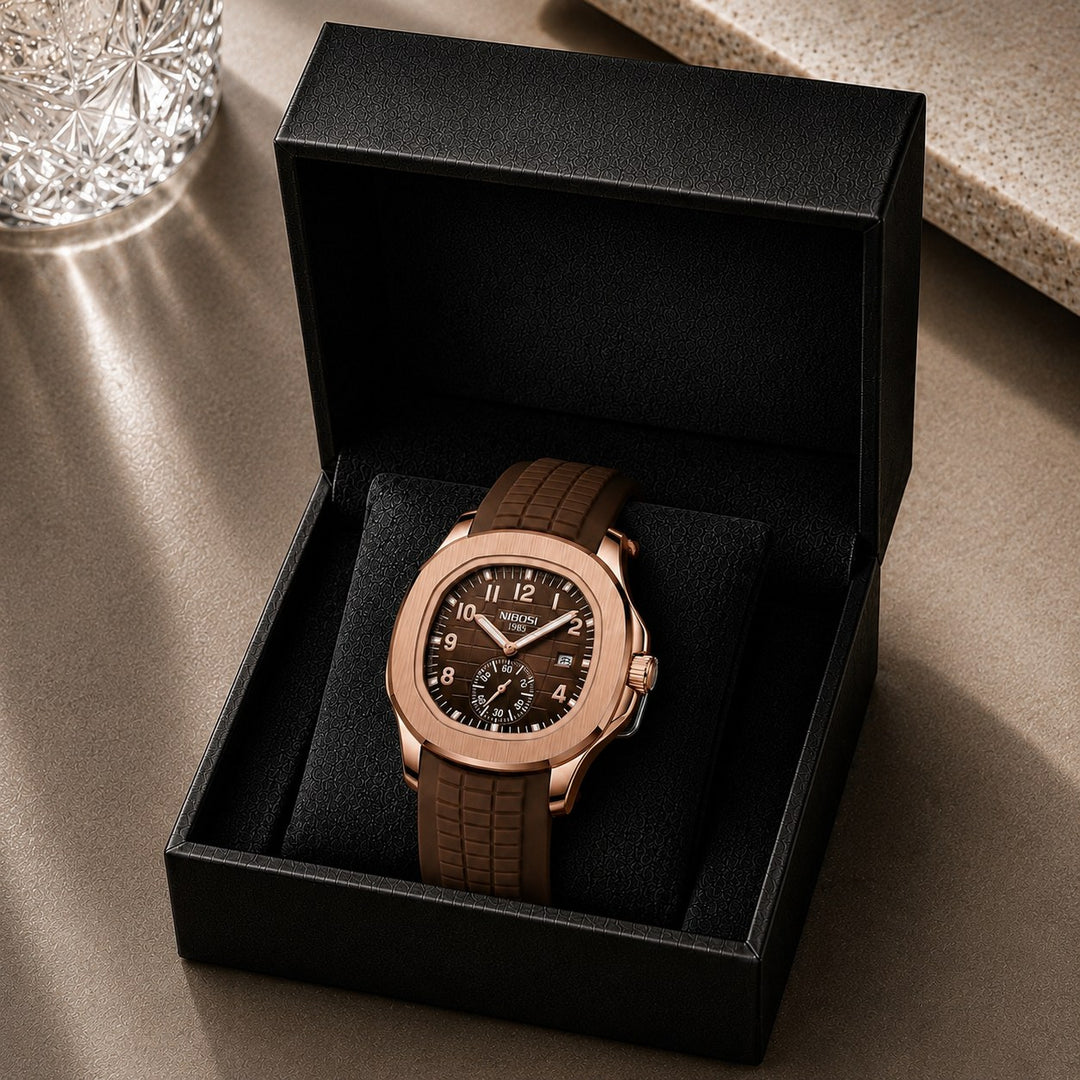 The Cushion Watch in its presentation box