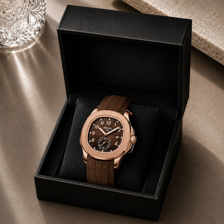 The Cushion Watch in its presentation box