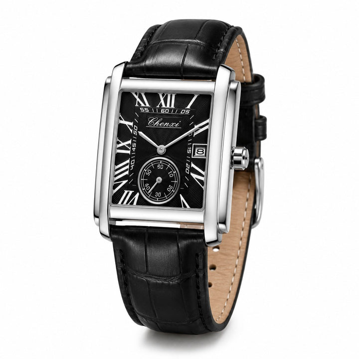 The Deco Watch, steel rectangular case and black dial, on a white background