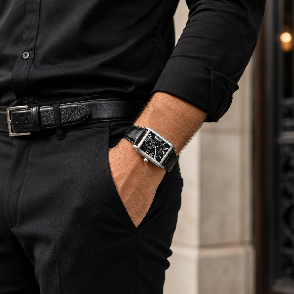 The Deco Watch worn with a black shirt and black trousers