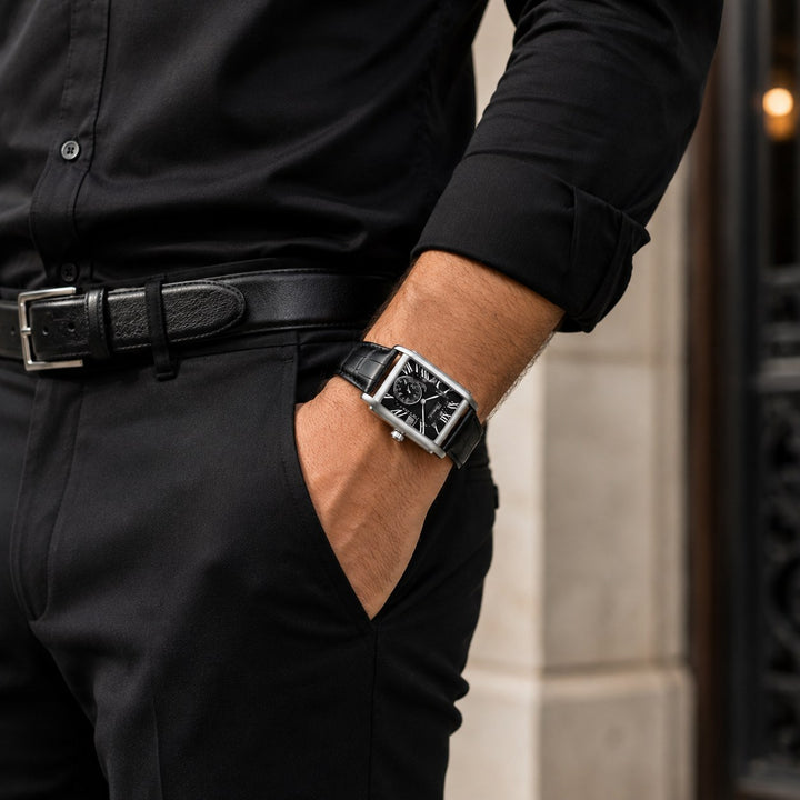 The Deco Watch worn with a black shirt and black trousers