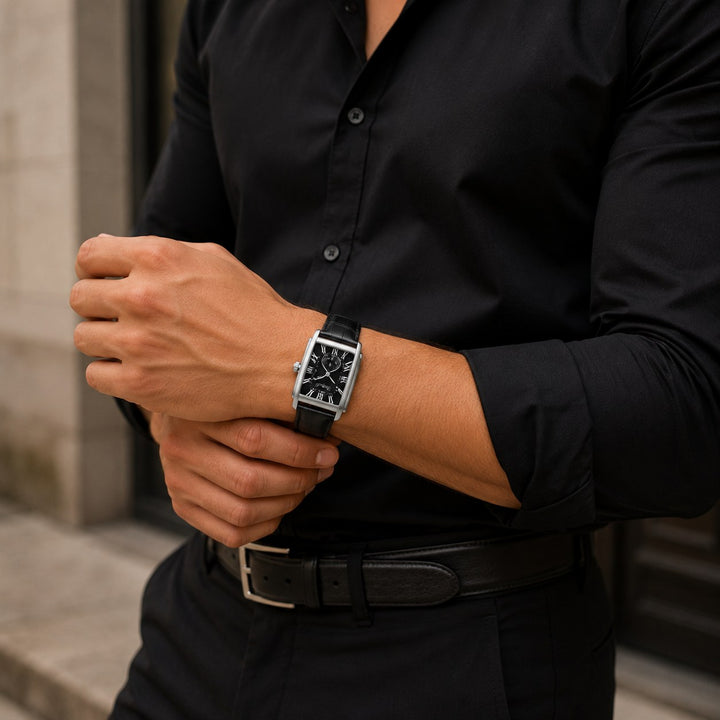 The Deco Watch worn on the wrist with hands clasped