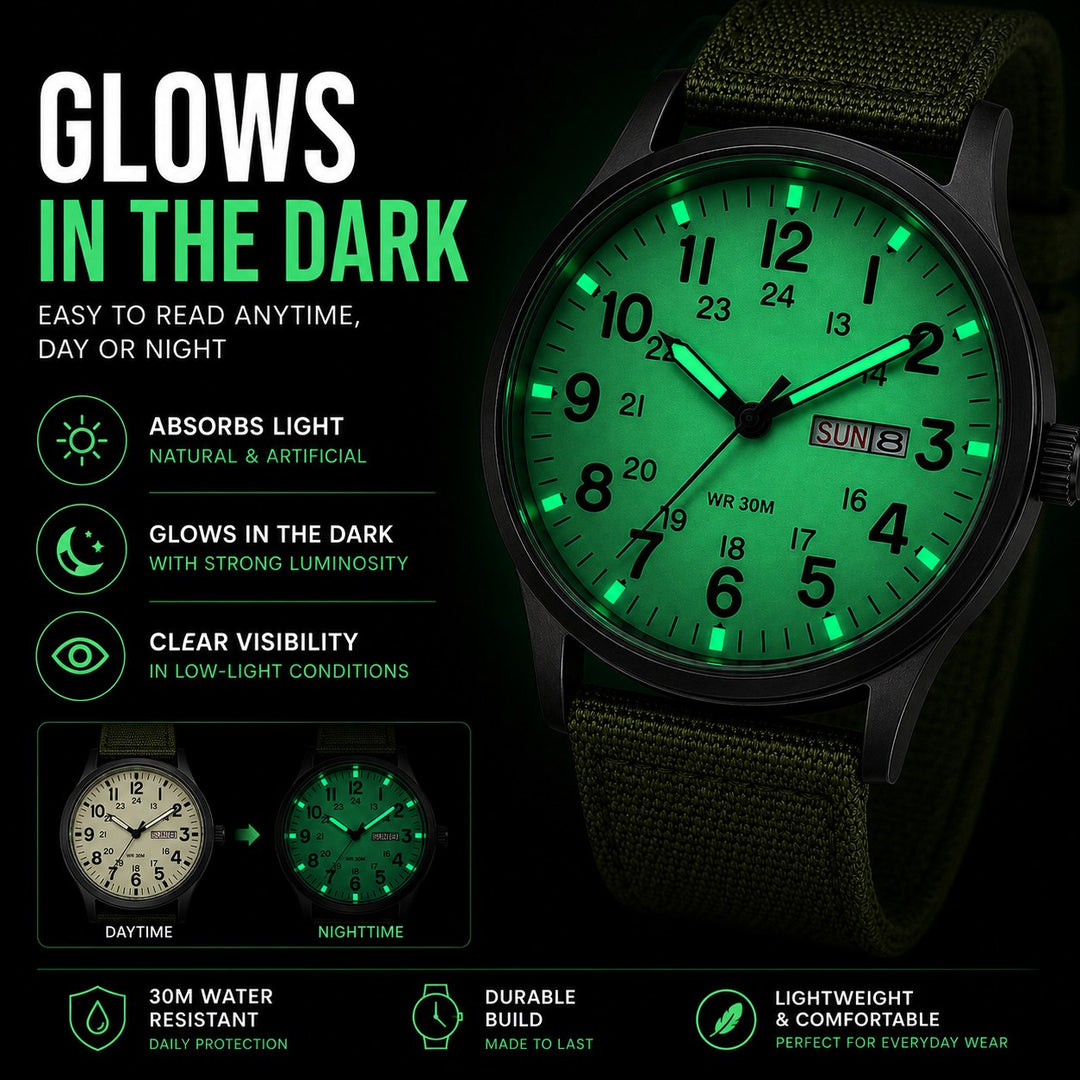 The Field Watch lume dial shown in daylight and glowing in the dark