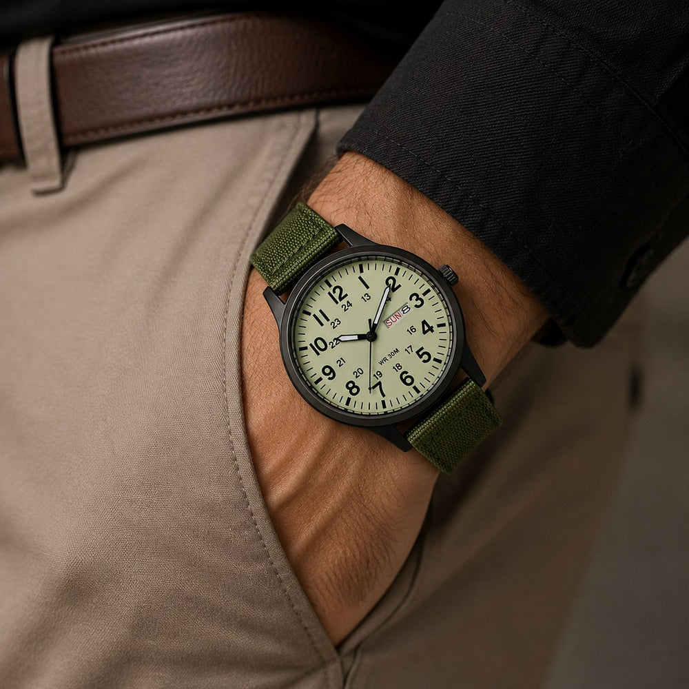 The Field Watch worn on the wrist with chino trousers