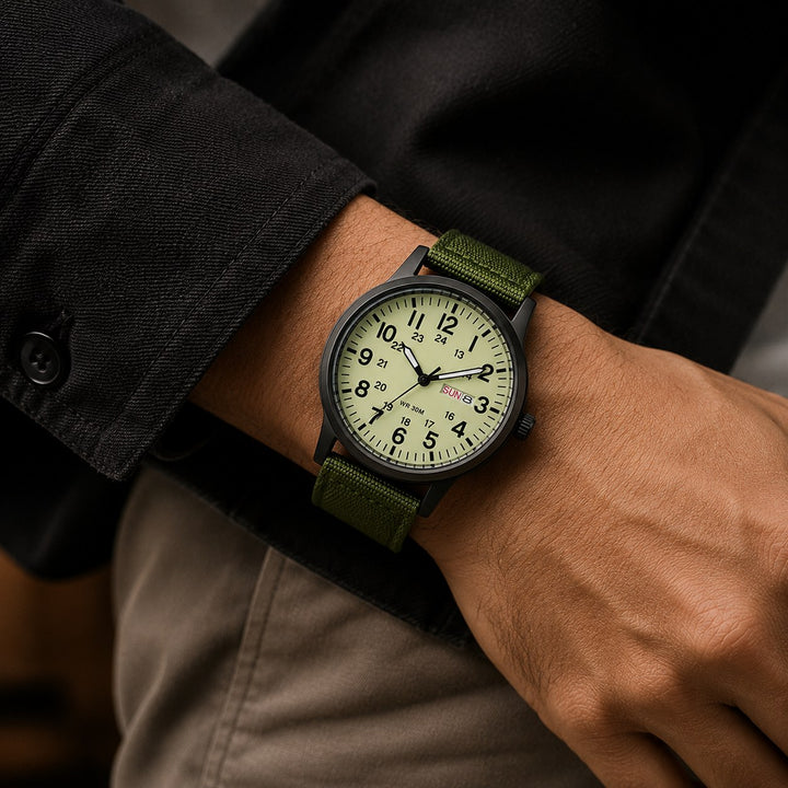 The Field Watch worn on the wrist under a dark shirt sleeve
