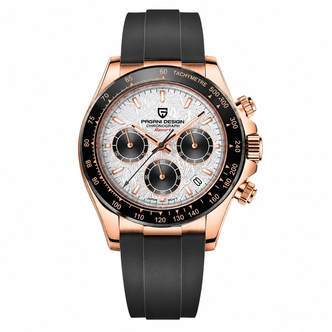 The Racing Chronograph, rose gold case and white dial with three black counters, on a white background
