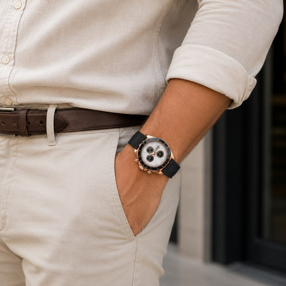 The Racing Chronograph worn with a linen shirt and a brown belt