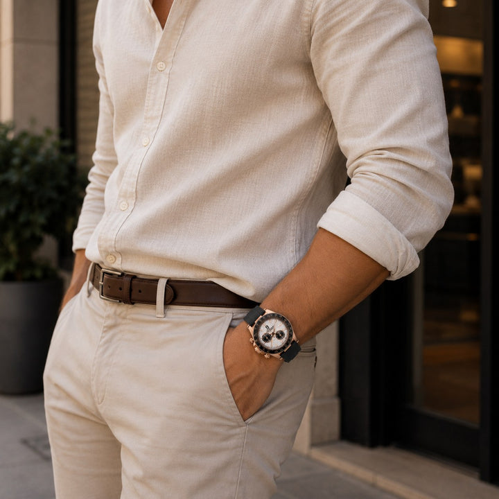 The Racing Chronograph worn on the wrist with a linen shirt