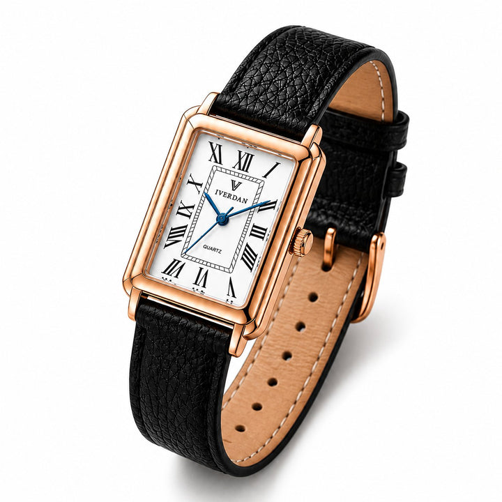 The Rectangle Watch, rose gold case and white dial with Roman numerals, on a white background